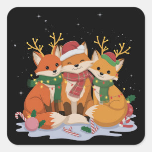 Fox Christmas Lights Santa Xmas Forest Animal Square Sticker