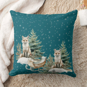 Fox Christmas Tree Sleigh Snowflakes Throw Pillow