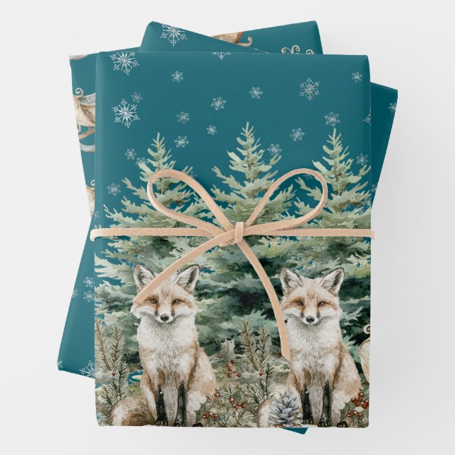 Fox Christmas Tree Sleigh Snowflakes Wrapping Paper Sheet (In situ)