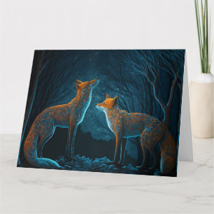 Fox couple in forest by moonlight. Card