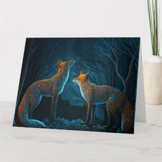 Fox couple in forest by moonlight. Card