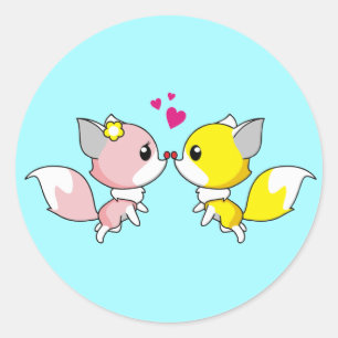 Fox Couple Kissing with Little Hearts Overhead Classic Round Sticker