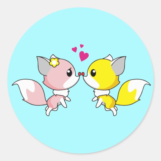 Fox Couple Kissing with Little Hearts Overhead Classic Round Sticker (Front)