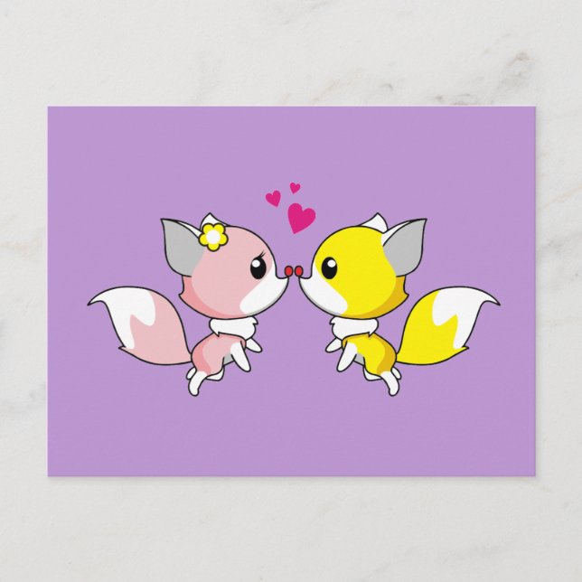 Fox Couple Kissing with Little Hearts Overhead Postcard (Front)