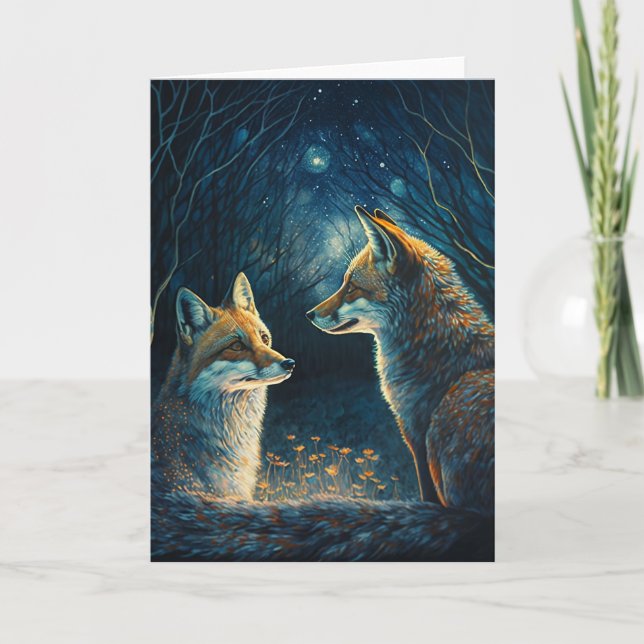 Fox couple, looking at each other by moonlight.  card (Front)