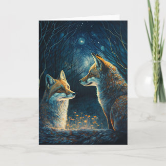 Fox couple, looking at each other by moonlight. card