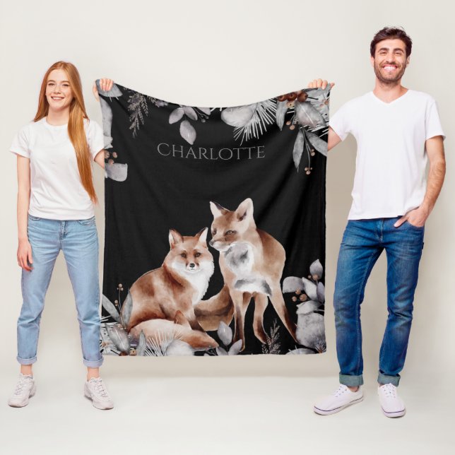 Fox Couple Winter Foliage Christmas Personalized Fleece Blanket (In Situ)