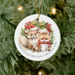 Fox Couple Winter Wreath Christmas Personalized Ceramic Ornament