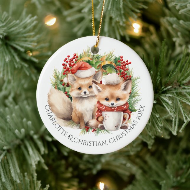 Fox Couple Winter Wreath Christmas Personalized Ceramic Ornament (Tree)