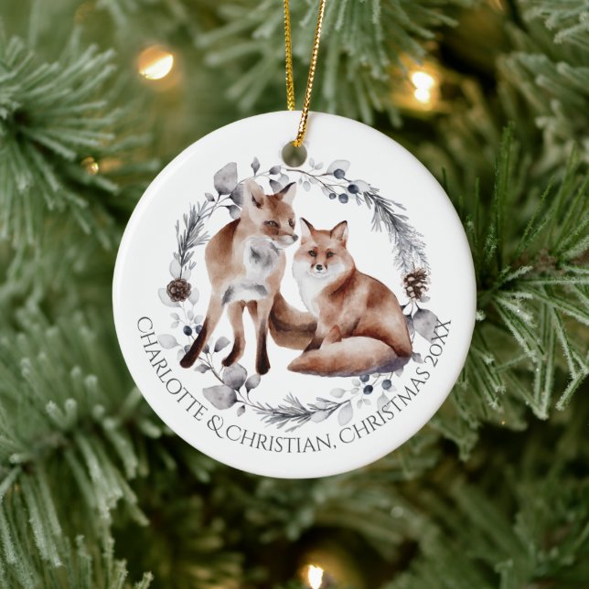 Fox Couple Winter Wreath Christmas Personalized Ceramic Ornament (Tree)