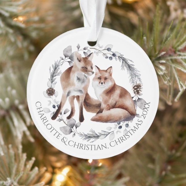Fox Couple Winter Wreath Christmas Personalized Ornament (Tree)