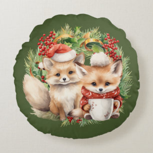 Fox Couple Winter Wreath Christmas Round Pillow