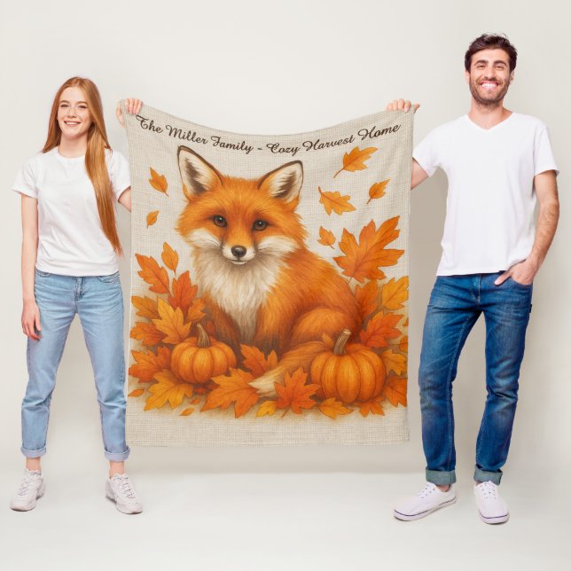 fox - cozy harvest home & family name script fleece blanket (In Situ)