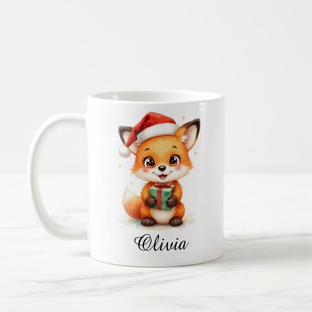 Fox Cub in Santa Hat Custom Name Mug (Gauche)