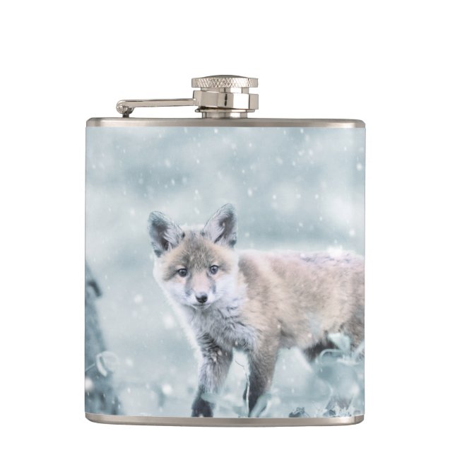 Fox Cub in the Snow Hip Flask (Front)