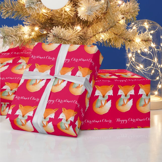 Fox cub winter art name Christmas red wrap Wrapping Paper (Holidays)
