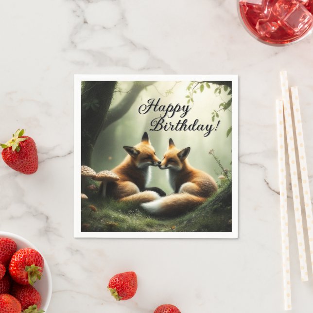 Fox Cuddle in Misty Forest Birthday Napkin (Insitu)