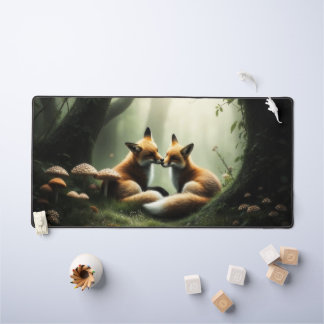 Fox Cuddle in Misty Forest Desk Mat