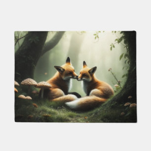 Fox Cuddle in Misty Forest  Doormat