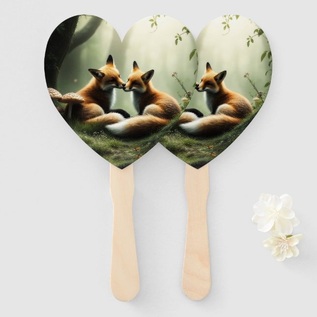 Fox Cuddle in Misty Forest  Hand Fan (Front and Back)
