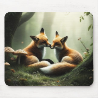Fox Cuddle in Misty Forest Mouse Pad