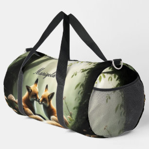 Fox Cuddle in Misty Forest Personalized Duffle Bag