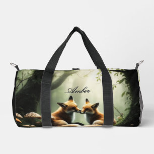 Fox Cuddle in Misty Forest Personalized Duffle Bag