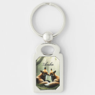 Fox Cuddle in Misty Forest Personalized Keychain