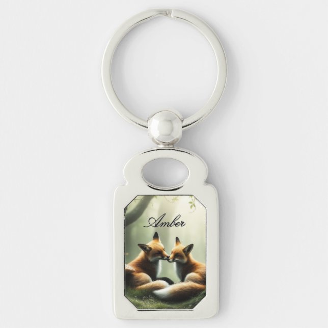 Fox Cuddle in Misty Forest Personalized  Keychain (Front)