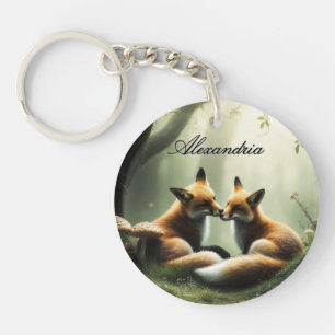 Fox Cuddle in Misty Forest Personalized Keychain