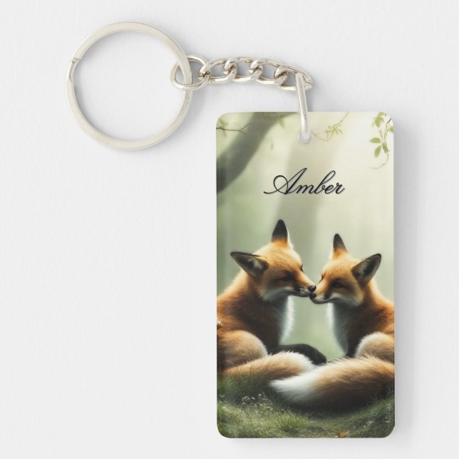 Fox Cuddle in Misty Forest Personalized  Keychain (Front)
