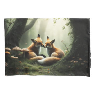 Fox Cuddle in Misty Forest  Pillowcase