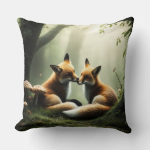 Fox Cuddle in Misty Forest Throw Pillow
