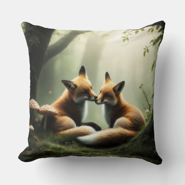 Fox Cuddle in Misty Forest  Throw Pillow (Front)