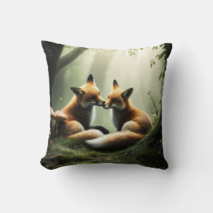 Fox Cuddle in Misty Forest  Throw Pillow
