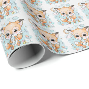 Fox Cute Baby Pastel Watercolor Pattern  Wrapping Paper