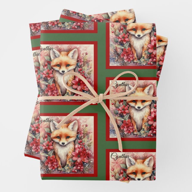 Fox Cute Christmas Add Name Floral Wrapping Paper Sheet (In situ)