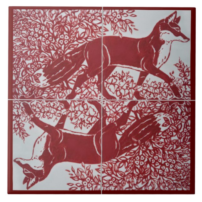 Fox Dark Red White Illustration CeramicTile Mural Tile (Front)