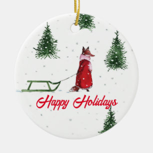 Fox dashing through the snow winter illustration ceramic ornament