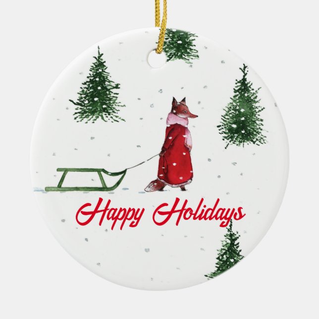 Fox dashing through the snow winter illustration  ceramic ornament (Front)