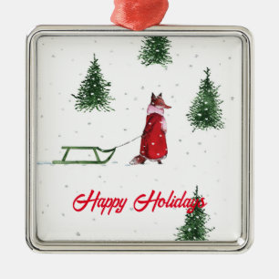 Fox dashing through the snow winter illustration metal ornament