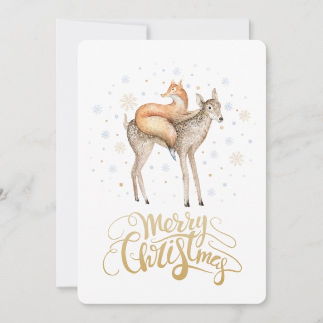 Fox Deer Winter Snow Merry Christmas Holiday Card (Front)