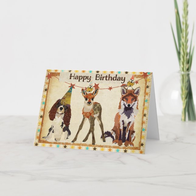 Fox, Dog, Fawn, & Little Birds Birthday Card (Front)
