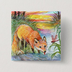 Fox Drinking by Riverside 2 Inch Square Button
