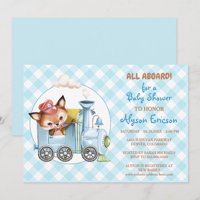Fox et train En vichy Baby shower bleu Invitation (Devant / Derrière)