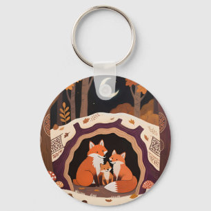 Fox Family Autumn Forest Den Keychain