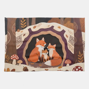 Fox Family Autumn Forest Den Kitchen Towel