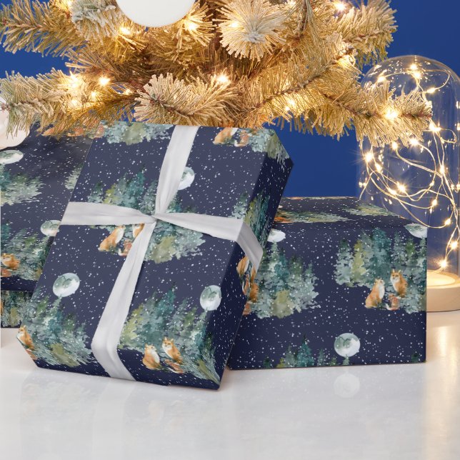 Fox Family Forest Full Moon Snowfall Christmas Wrapping Paper (Holidays)