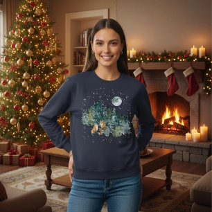 Fox Family Forest Full Moon Snowfall Holiday Sweatshirt