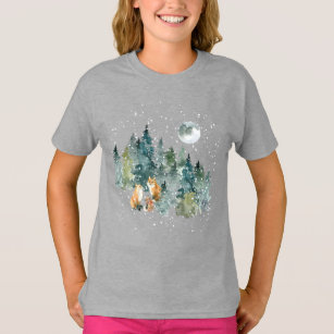 Fox Family Forest Full Moon Snowfall T-Shirt